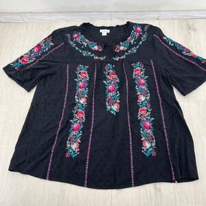 Sundance Embroidered Black Textured Tunic Top Women's XL Short Sleeve